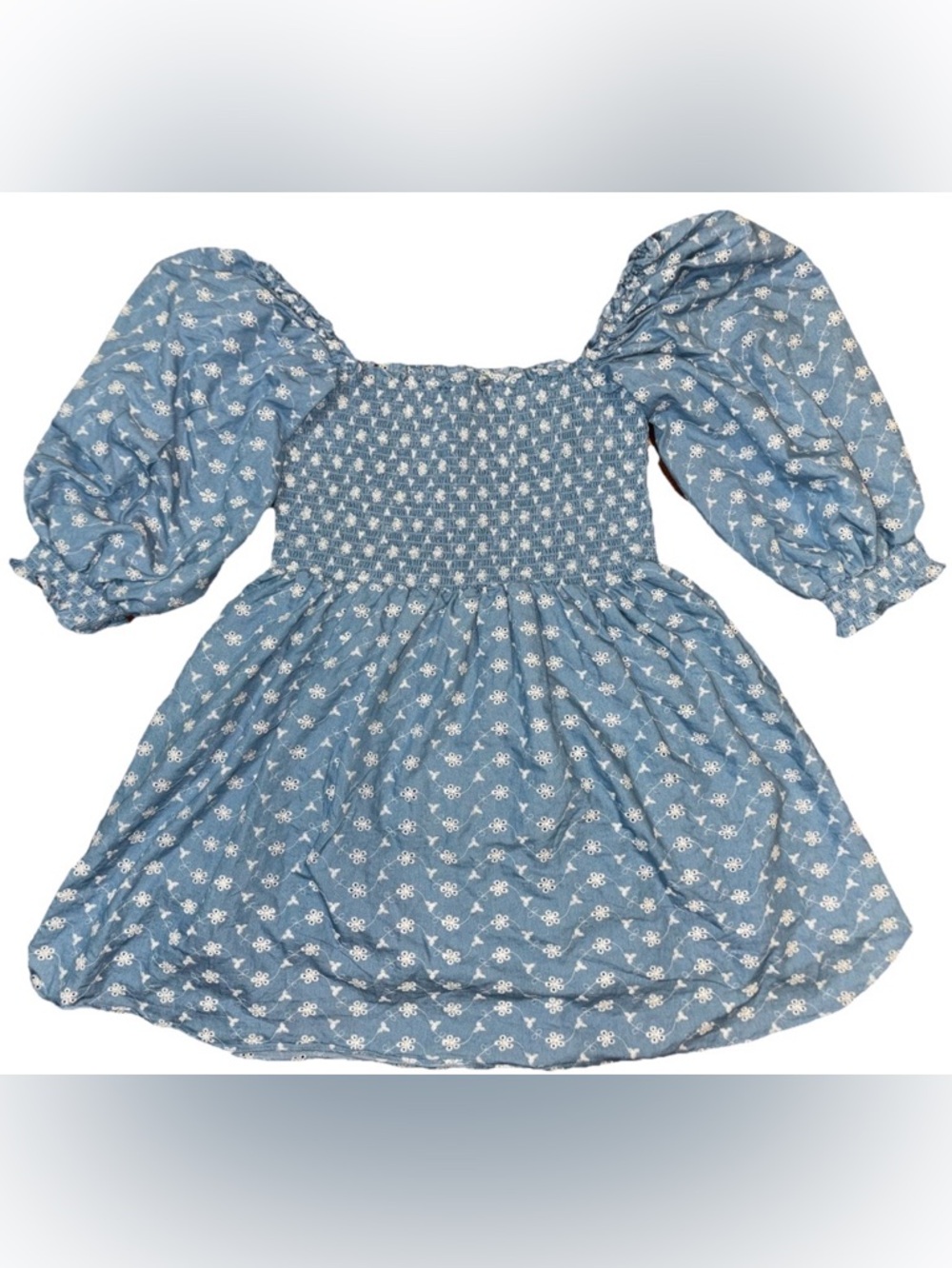 Kourt Portia Lassen Mini Babydoll Smocked & Puffed Sleeve Cotton Blue Dress-XL